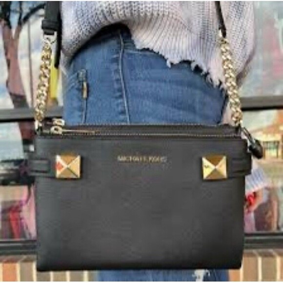 Michael Michael Kors Karla East West Leather Crossbody Bag Black and Gold - Picture 1 of 10